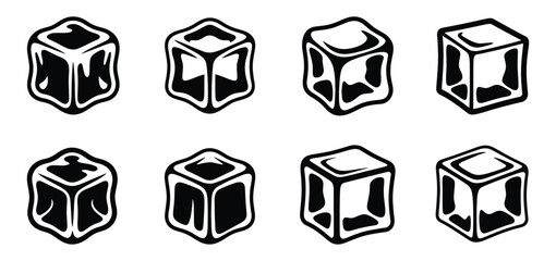Ice cubes, Small pieces of frozen water, Ice Cube Silhouette, Cold frozen water, Ice cube different melting stages, geometric shapes vector illustration