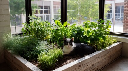 Cat relaxes in lush indoor garden bed on sunny day near urban area