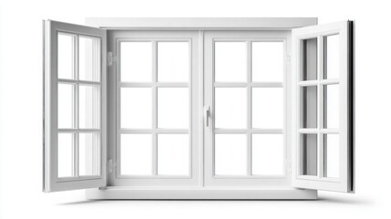 Open white window with two open sashes on a bright, clean white background