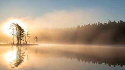 Golden Sunrise Mist on Tranquil Lake Silhouetted Pine Island Reflected in Calm Waters.