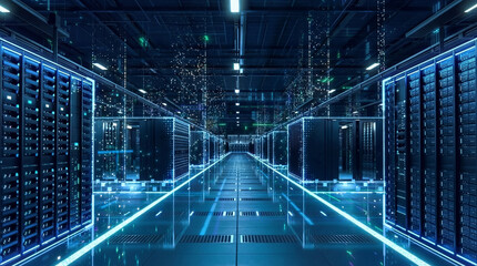 Modern data center facility showcasing advanced digital infrastructure for cloud computing, data storage, and network security. Represents high-performance technology, big data processing, artificial 