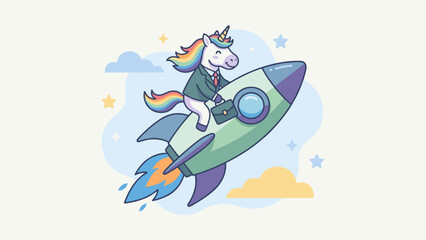 Business unicorn startup concept. Rocket launch. Funny animal in suit riding spaceship. Financial growth symbol. Billion dollar valuation metaphor. Investment market strategy goal