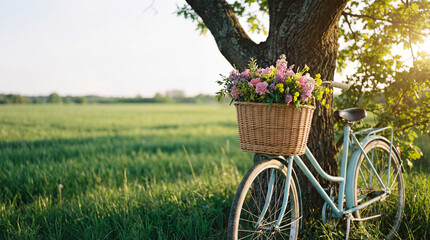 Vintage bicycle with a basket of fresh flowers resting on a tree in a spring field at sunset
