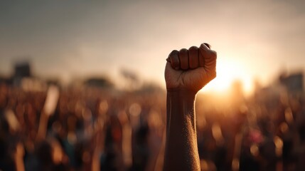 Close-up on a raised fist, symbolizing protest and solidarity, against a crowd of people with a sunset in the background