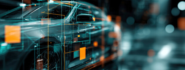 A sleek high-tech automobile featuring holographic data visualizations and smart technology sensors. Perfect for automotive innovation, digital transformation, and futuristic transport concepts