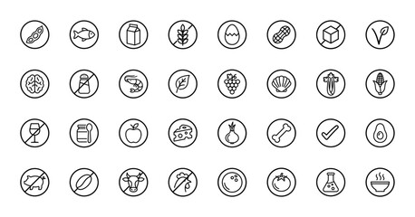 Food allergen and dietary requirement line icon set featuring vector pictograms of dairy, gluten, nuts, shellfish, meat, and vegetables in thin outline illustration.