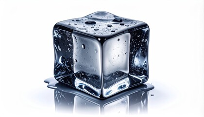 A glistening, melting ice cube with droplets on a clean white background
