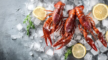 Crayfish served chilled on ice, minimalist seafood presentation, cool grey surface