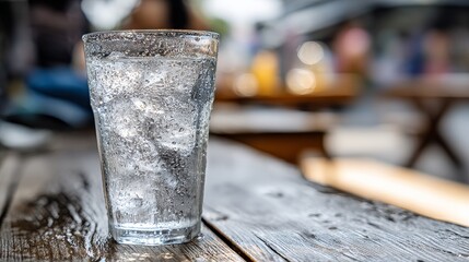 Clear glass of water with ice cubes on table showing cool condensation, refreshing hydration moment symbolizing wellness, healthy lifestyle, summer cooling drink and simple daily refresh concept