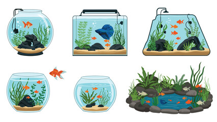 A charming collection of six different aquariums and fishbowls, each uniquely decorated with aquatic plants, rocks, and colorful fish.