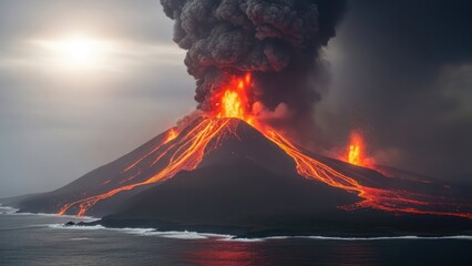 Dramatic volcanic eruption spewing lava and ash into the sky near the coastline offering a