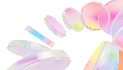 Holographic 3d glass circle discs with iridescent gradient. Abstract geometric background with speed circular effect of rainbow color round disks, transparent plastic or acryl plates