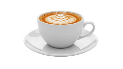 Latte art in a white cup isolated on a saucer PNG, coffee drink with heart design for cafe menu and beverage concepts