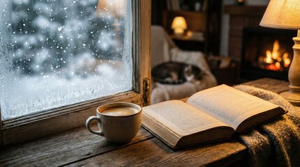 Cozy winter reading nook indoor setting close-up photo warm atmosphere intimate viewpoint coffee and book delight