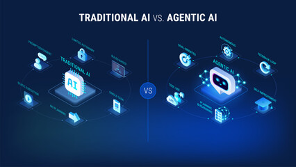Agentic AI vs Traditional AI comparison - isometric modern vector infographic illustration