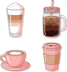 Set of four trendy coffee drinks vector illustration in pastel pink palette, featuring layered latte, iced coffee, heart art, and takeaway cup for stylish cafe design.