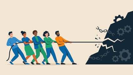 Business team tug of war. Diverse people pulling rope against heavy rock obstacle. Overcoming challenges together. Solving problems. Breaking barriers. Cooperation effort success