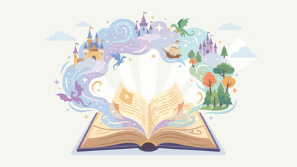 Magic open book with fantasy sparkles and fairytale stories. Imagination and storytelling concept. Creative education reading. Knowledge learning symbol. Flat vector illustration