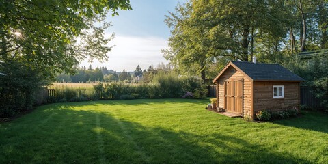 Small wooden shed in a backyard of a house, serving as a storage or utility space, typical of suburban landscaping