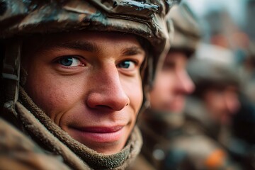 Close-up portrait of a young soldier wearing a combat helmet, showing determination, resilience, and human emotion. Detailed face and blue eyes highlight courage and military service.