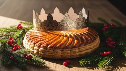 Golden crown rests atop a flaky, layered cake, festive greenery