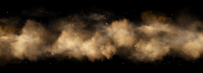 Sand storm cloud with flying dust particles on black background - brown desert smoke effect with realistic texture. Isolated sandstorm overlay with dusty atmosphere and wind blown dirt particles