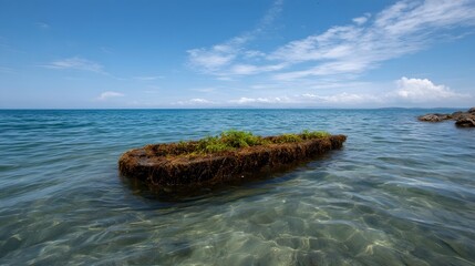 A small floating island of seaweed and plants drifts serenely in the clear blue ocean under a bright cloudy sky