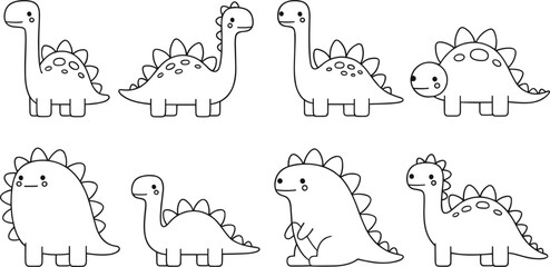 Cute dinosaur outline character set in black and white, simple kawaii cartoon dino vector illustration collection