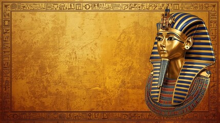 a golden yellow ancient egypt texture wallpaper background with a lot of empty blank copyspace. pharaoh in the right side 
