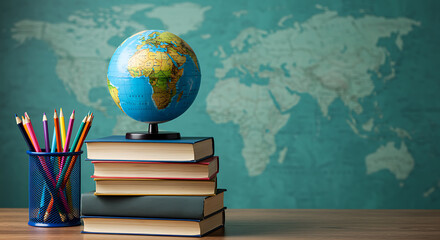Globe and books with colored pencils on a wooden desk in front of a world map background