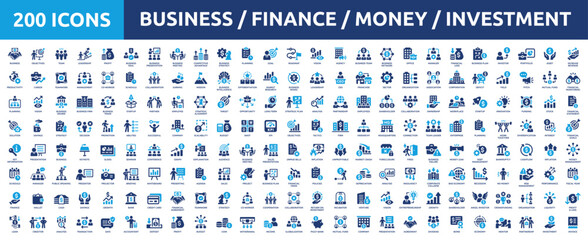 Huge set of 200 solid icons. Mega collection concept of business, finance, money, investment, accounting. Vector illustration.