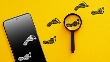 Digital Footprint Tracking Concept - Smartphone with Footprints and Magnifying Glass. Online Privacy, User Data Monitoring and Cyber Security