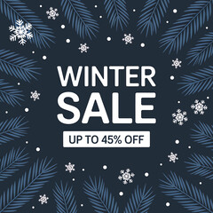 Winter Sale Banner with Snowflakes and Pine Branches