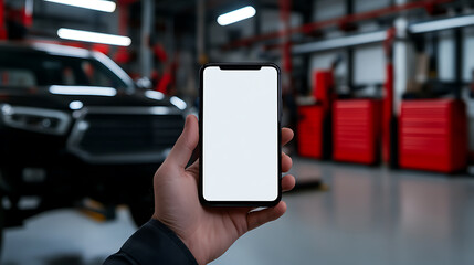 A person holds a phone against the backdrop of a car repair shop. The phone's screen is blank, inviting digital creativity against the gritty repair environment. Modern tech meets auto.