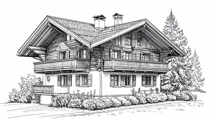 Detailed Sketch of a Traditional Alpine Chalet with Balconies.