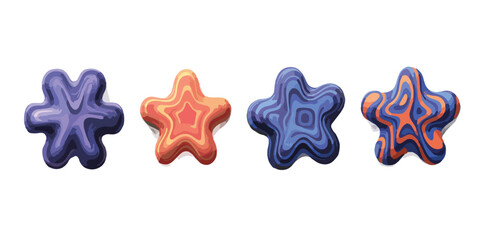 Cztery abstrakcyjne, błyszczące kształty z wirującymi wzorami, przypominające gwiazdy, w odcieniach fioletu, pomarańczy i błękitu, na białym tle.