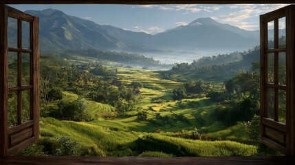 View through an open rustic wooden window looking out at lush green terraced rice fields and distant mountains in morning mist scenery.