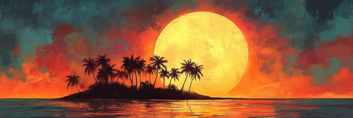 Small tropical island silhouette of palm trees against a giant glowing sun at a fiery sunset, calm reflective sea with a dramatic yet serene atmosphere