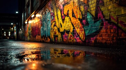 Urban Alleyway Mural with Vibrant Graffiti Art Reflecting on Wet Pavement at Night
