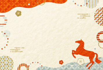 和柄 午年 梅 曲線フレーム 正月 年賀状 2026年 和紙の背景