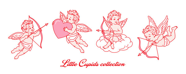 Collection of cute little cupids in different poses with bow and arrow, big heart in hands, hand drawn in retro style, for Valentine's Day or wedding design, love concept. Cupids isolated on white.
