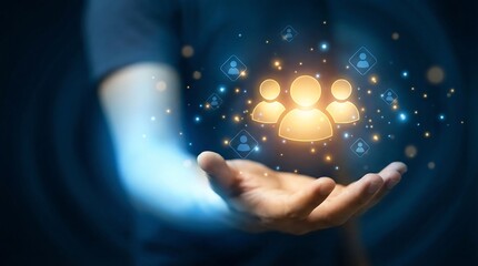 a glowing hand gently cradles a network of illuminated human figures representing connection community and the power of digital interactions in a modern