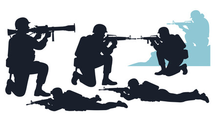 A set of five military soldier silhouettes in various combat situations including kneeling aiming a rocket launcher and lying prone.