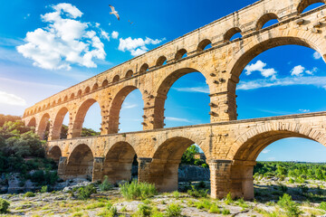 Exploring the majestic Pont du Gard aqueduct in France, discover the stunning architecture of the ancient Pont du Gard aqueduct in southern France. River Gard, Languedoc-Roussillon, France.
