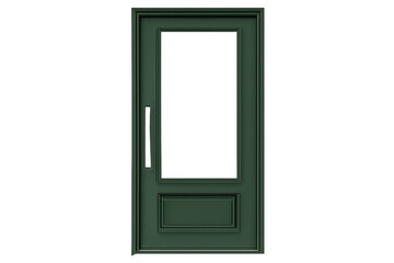 Classic style green door featuring a large glass panel, sleek silver handle, and decorative paneling on a transparent background