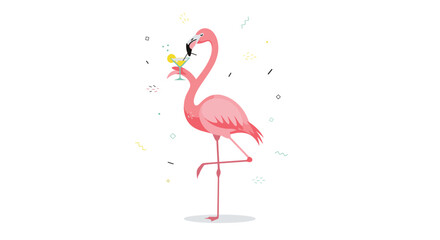 Whimsical cartoon pink flamingo standing on one leg and drinking a yellow cocktail from a martini glass, surrounded by abstract party confetti.