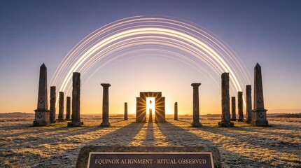 Ancient monument with sunbeams and light trails at sunrise