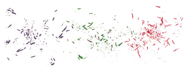 Set colorful pencil tip shavings from sharpener flying, explosion isolated on white background and texture, clipping path, transparency
