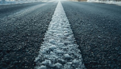 Snow-covered road surface with ice layers, winter landscape providing a textured background for travel-related layouts