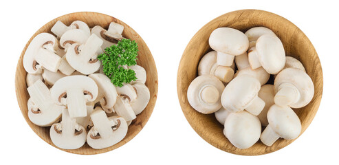 Fresh mushroom champignon slices in a wooden bowl isolated on white background. Top view. Flat lay